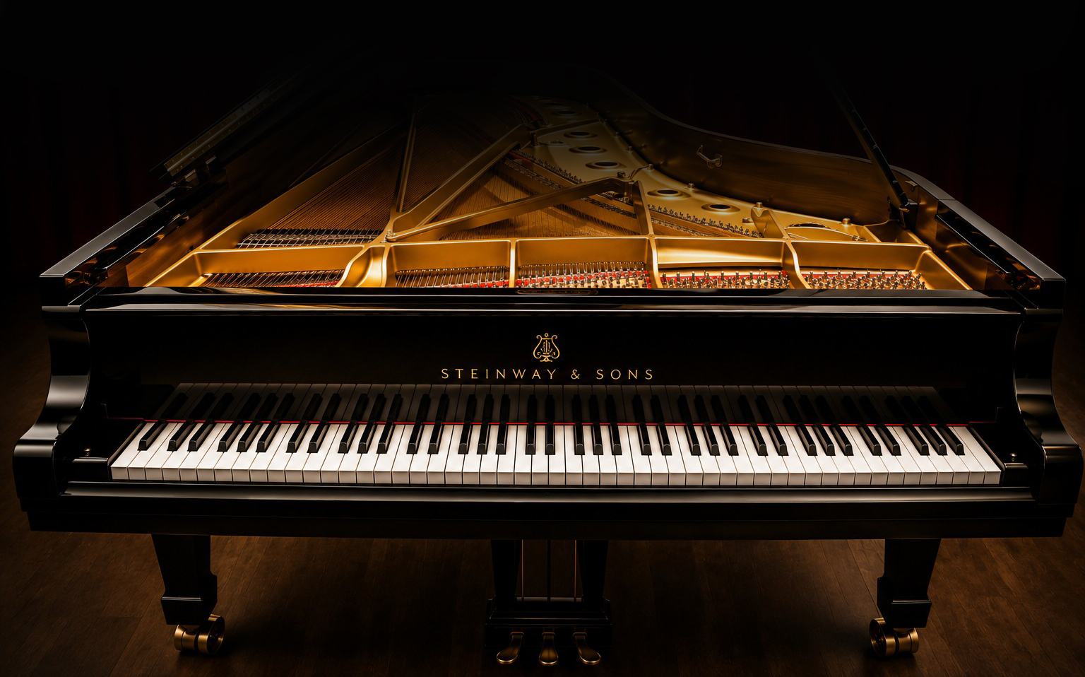 Steinway & Sons grand piano viewed from above, showing strings and hammers